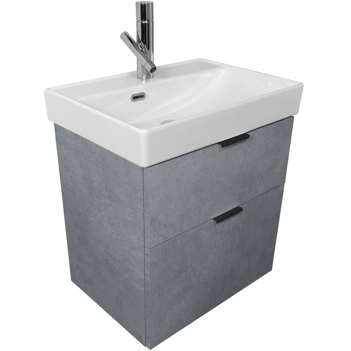 Mobilier baie cu lavoar ceramica Arthema Step 65 cm, Pal, 2 sertare, glisiere metalice ultra slim soft-close, manere aluminiu, asamblat, 65x38x60.5 cm, gri DN8