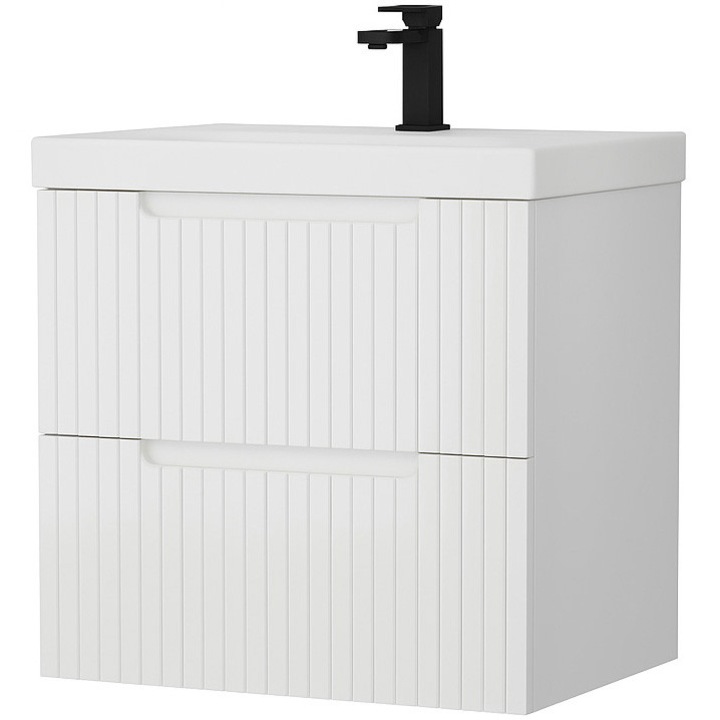 Mobilier baie Arthema cu lavoar ceramica Stripe 65 cm, Pal, front MDF riflaj in relief, 2 sertare, glisiere metalice slim soft-close, frezare tip maner, asamblat, 64x45x59 cm, alb lucios