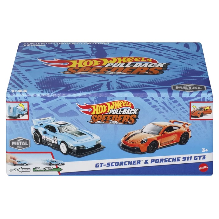 Hot Wheels készlet 2 db fém, visszahúzható kisautó gt-scorcher és porsche 911 gt3 1:43