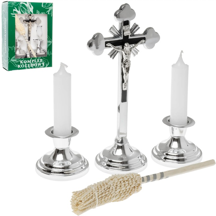 Set de obiecte bisericesti, argintiu Cruce Sfesnice si Cadelnita 19 cm