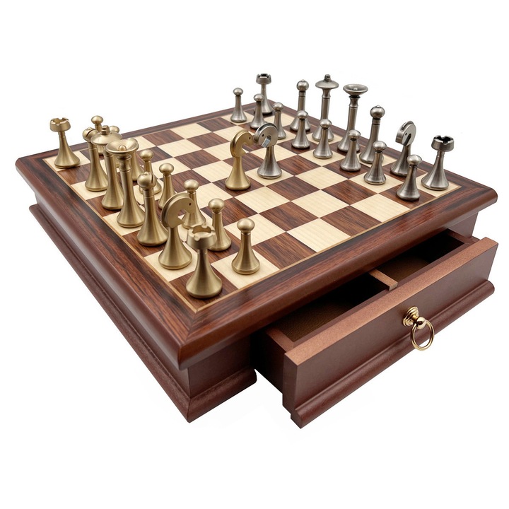 Set de sah Italfama, lemn, dimensiuni tabla 32x32x6cm, piese din alama cu placare de nichel, culoare mahon