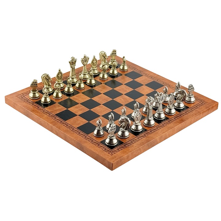 Луксозен шах комплект, Italfama, колекция Roman, метални фигури, дъска от екологична кожа, 26x26 см, 5 см височина на царя
