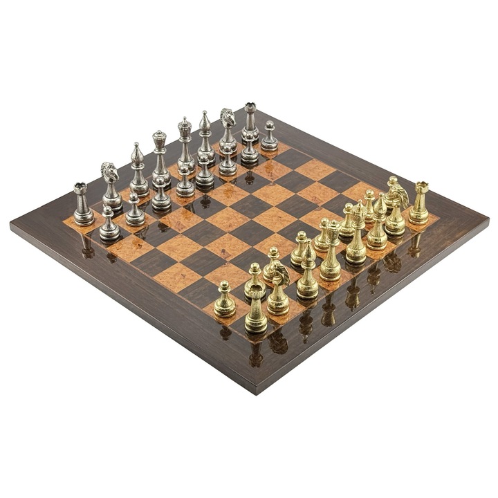 Set de sah Italfama Luxury, piese metalice 10cm, tabla din lemn de artar 51x51cm