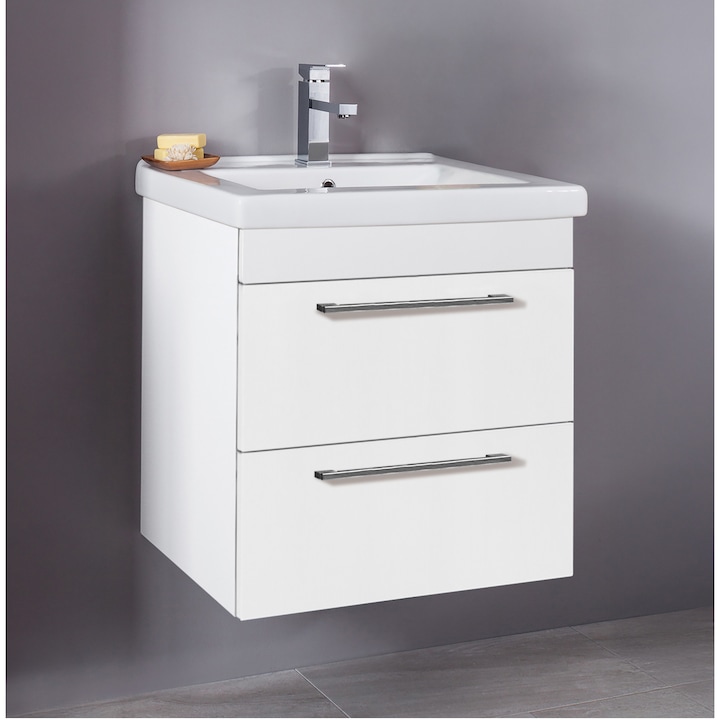 Mobilier baie cu lavoar ceramica Arthema Neo 55 cm, baza cu 2 sertare, Pal, glisiere metalice ultra slim cu extractie totala, manere metalice cromate, asamblat, 55x45x66 cm, alb lucios MG