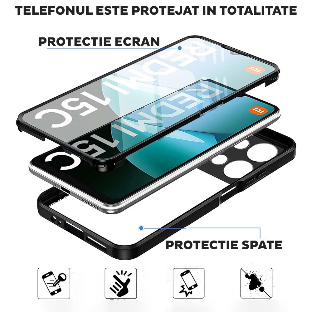Husa pentru Xiaomi Redmi 15C 4G / Redmi 15C 5G DaDen® ColorVerse 360, Antisoc, Protectie completa spate-ecran, Negru