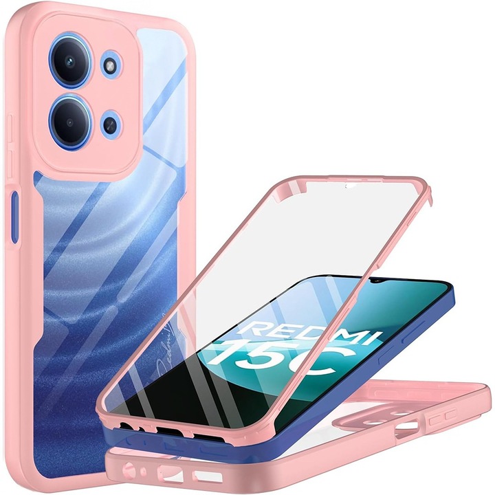 Tok, Xiaomi Redmi 15C 4G / Redmi 15C 5G-hez, DaDen ColorVerse 360, Ütésálló, Teljes hát- és képernyővédelem, Rózsaszín