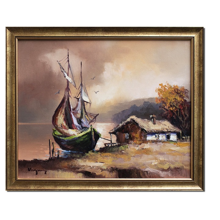 Tablou apus de soare cu vela in Delta Dunarii pictat manual inramat, 55x45cm ulei pe panza, rama din lemn, Geo Ungureanu