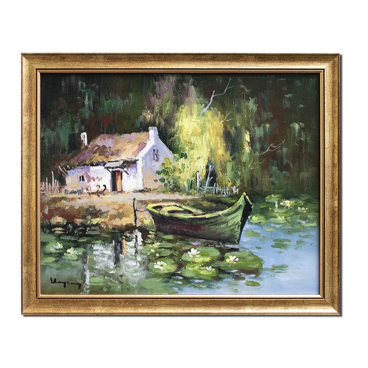 Tablou peisaj din Delta Dunarii pictat manual inramat, 55x45cm ulei pe panza, rama din lemn, Geo Ungureanu