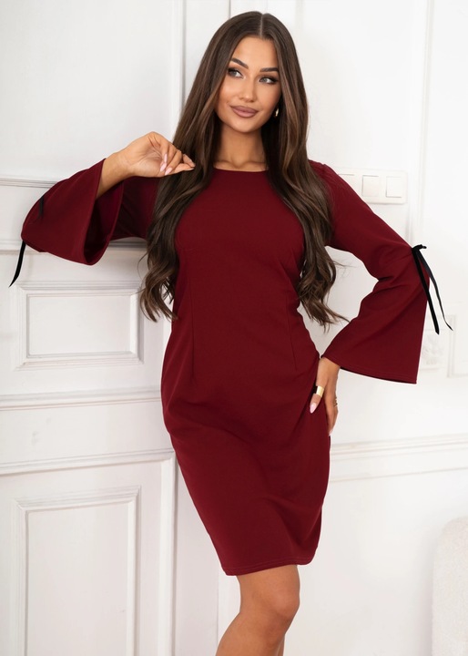 Rochie bordo eleganta cu maneci evazate si panglici decorative, Bordeaux