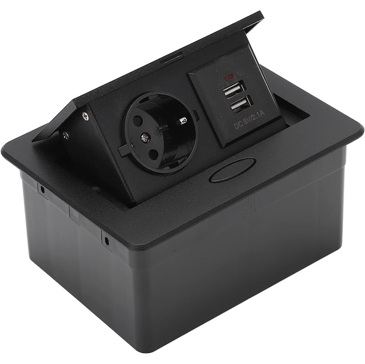 Priza Incorporabila Retractabila, Duueyct, 2 porturi, 2 USB, 1,5m, pentru birou si mobilier,138*135*67, Negru