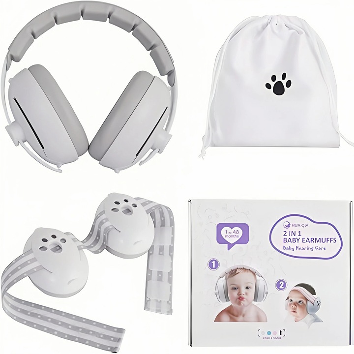 Antifoane pentru bebelusi, BOMSTOM, protectie auditiva, reducere zgomot 25dB, gri, 10.8x9cm, set cu husa de transport