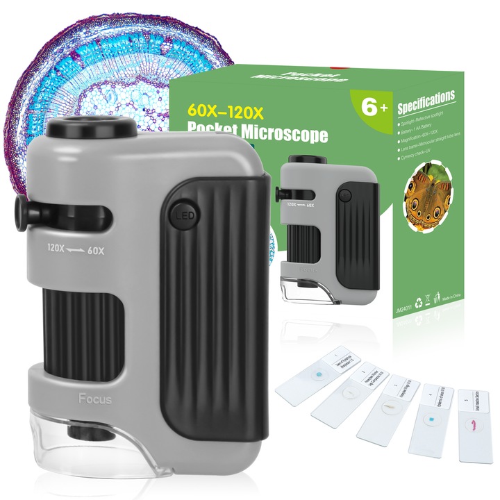 Set multifunctional de microscop educational pentru copii, ZOUN, portabil, iluminare LED, jucarie STEM, marire 60X-120X, lentile optice PMMA de inalta definitie, include lamele pentru celule, gri