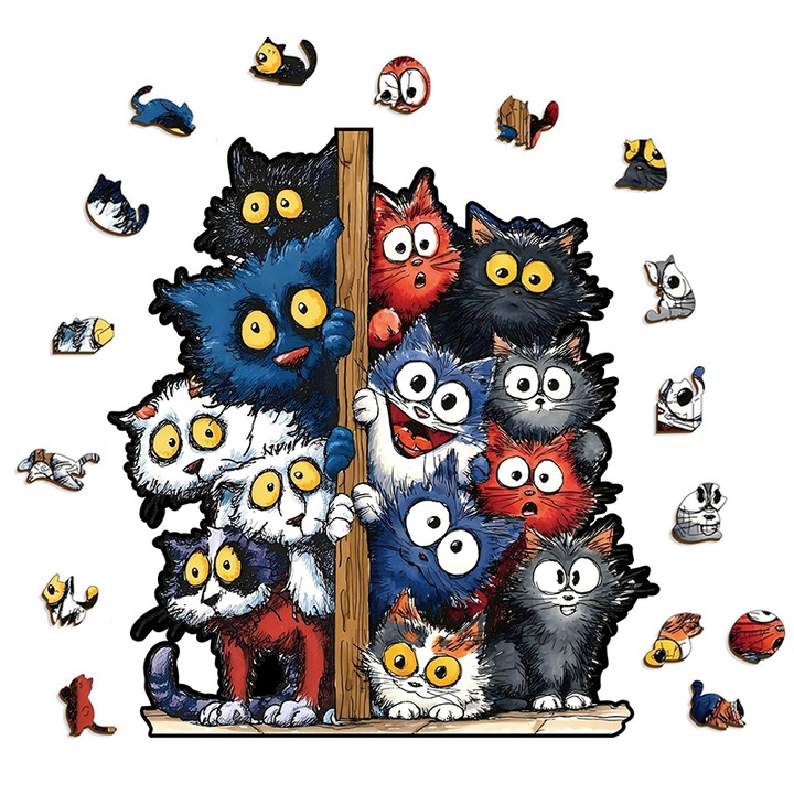Комплект дървен пъзел, ZOUN, Комплект семейство котки, 3D ефект, размер А4, 20 × 30 см, 190–210 части, идеален подарък, уникален великденски пъзел, многоцветен