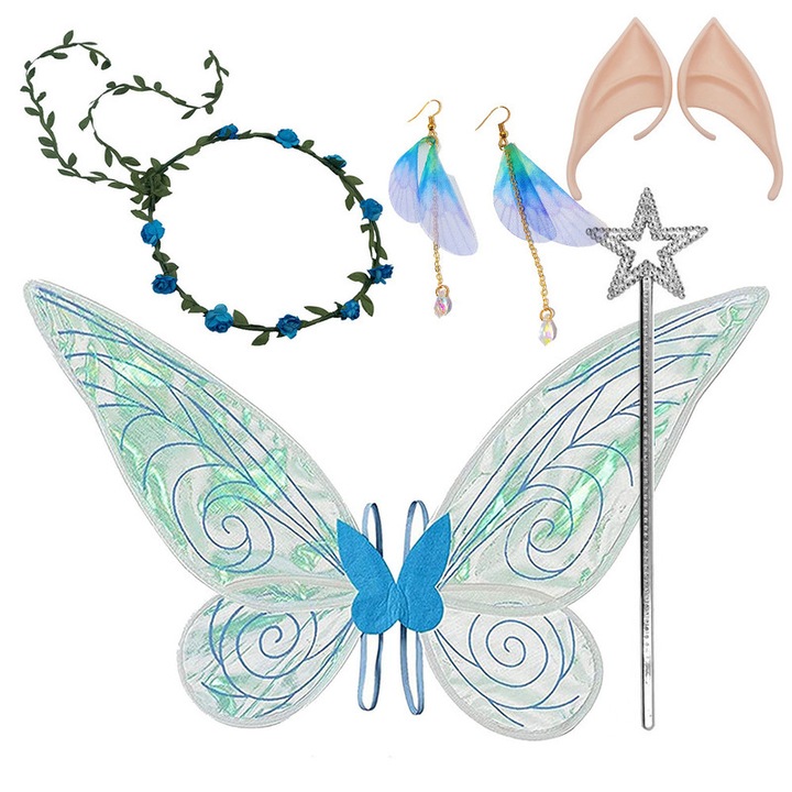 Set costum aripi de inger fluture, ZOUN, copii/adulti, include aripi, cercei, banda pentru par, urechi de elf, potrivit pentru petreceri, aniversari, cosplay, carnaval, albastru