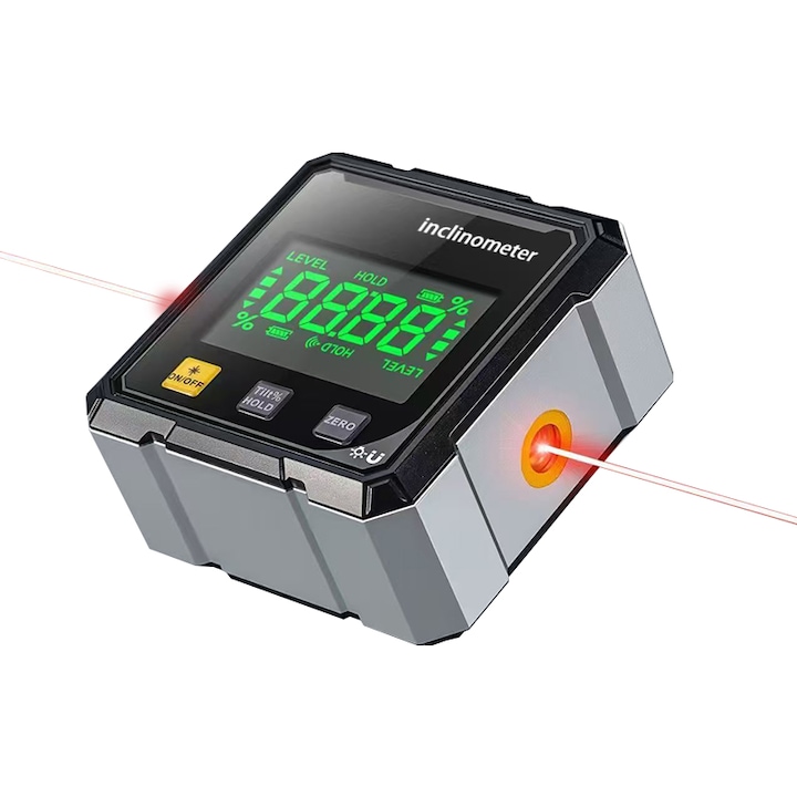 Inclinometru digital, ZOUN, atasament magnetic pe 4 laturi, laser dublu, masurare unghi/inclinatie, functie de mentinere a datelor, incarcare USB, moduri de masurare duble, ±0,1°, 360°, gri