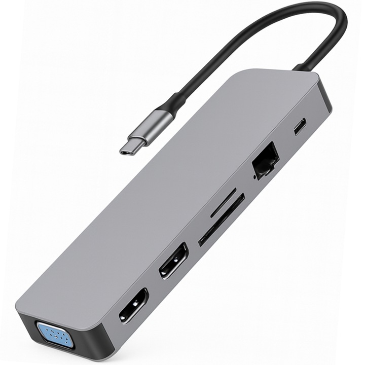Hub USB-C 13 az 1-ben Spreest, 2x HDMI, VGA, RJ45, 4x USB 3.0, szürke