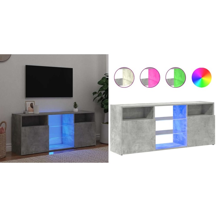 Comoda TV cu lumini LED, gri beton, 120x30x50 cm