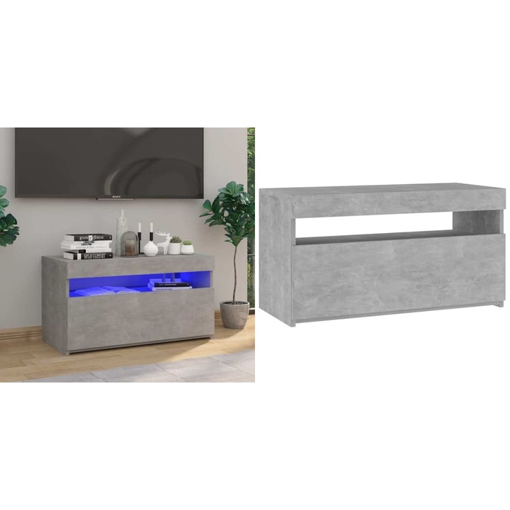Comoda TV cu lumini LED, gri beton, 75x35x40 cm