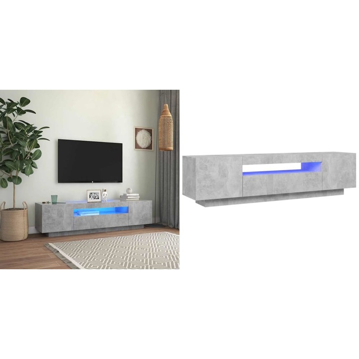 Comoda TV cu lumini LED, gri beton, 160x35x40 cm