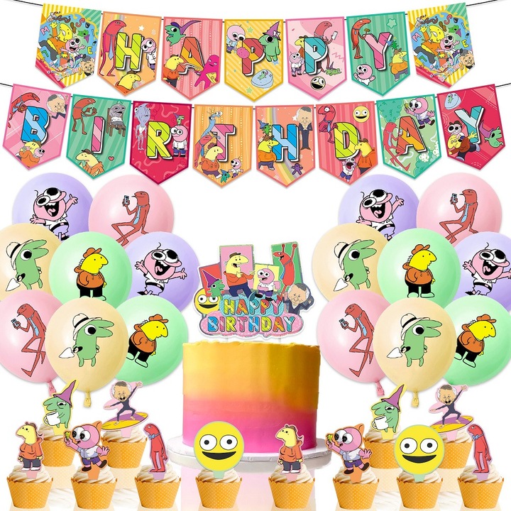 Lufi szett születésnapi partira, Mosolygós Barátok tematika, tortadísz, "Boldog születésnapot" feliratú banner