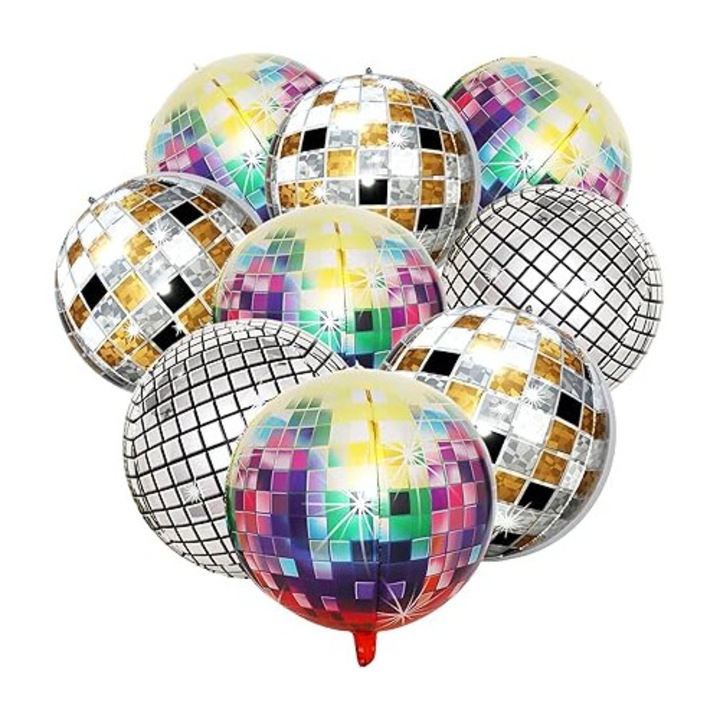 9 darabos diszkó gömb lufi szett, 22 hüvelykes, arany és ezüst, fémfóliából, 70-es, 80-as, 90-es évek tematikus partijaira