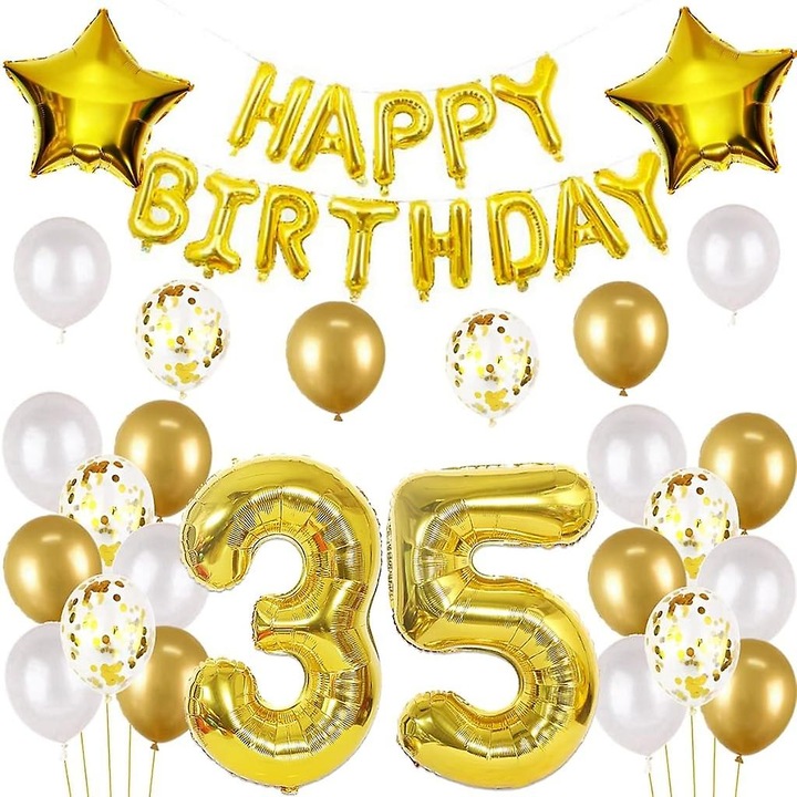 35. születésnapi dekorációs készlet, arany lufik, 13x banner, 2x csillag lufi, 6x konfetti lufi, 8x arany lufi, 8x fehér lufi, 1x szalag, 32" „35” digitális lufik