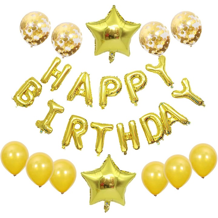 Lufiszett partira, 16" HAPPY BIRTHDAY betű banner, 2 db 18" csillag lufi, 6 db 12" gyöngyház lufi, 4 db 12" konfetti lufi