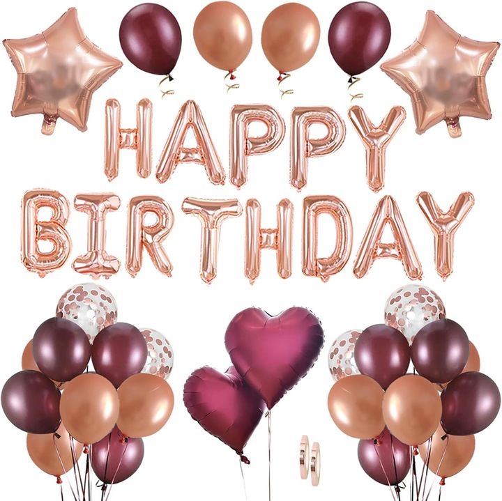 16" Happy Birthday lufiszett, 20 db 30 cm-es latex lufi, 4 db konfetti lufi, rózsaarany, partidekoráció