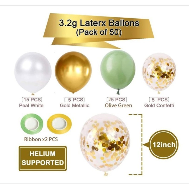 Dekoratív lufi szett 50 db, zöld és arany, 30 cm, partikra