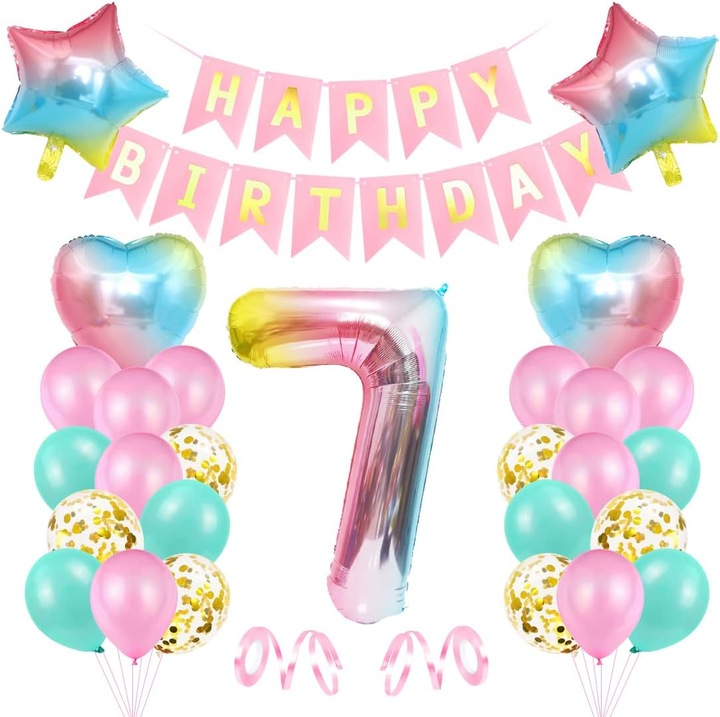 2 darabos lufi szett, 7 éves, rózsaszín, XXL 40 hüvelykes fólia lufik, 42 latex lufi, bannerek, parti kiegészítők