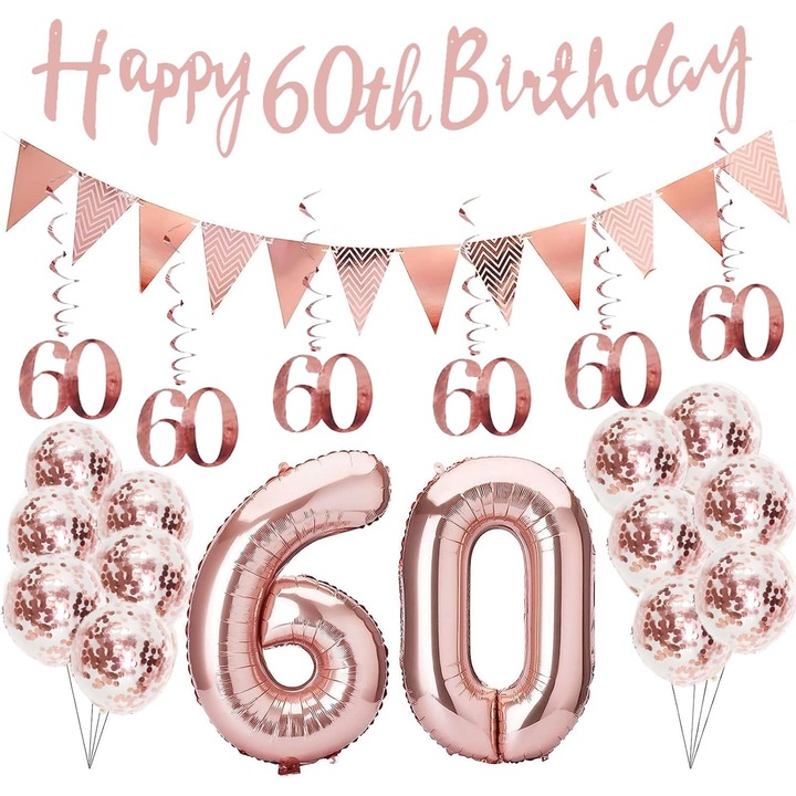 60. születésnapi parti dekorációs készlet, bannerek, fólia lufik, konfetti lufik, rózsaarany, 60 db