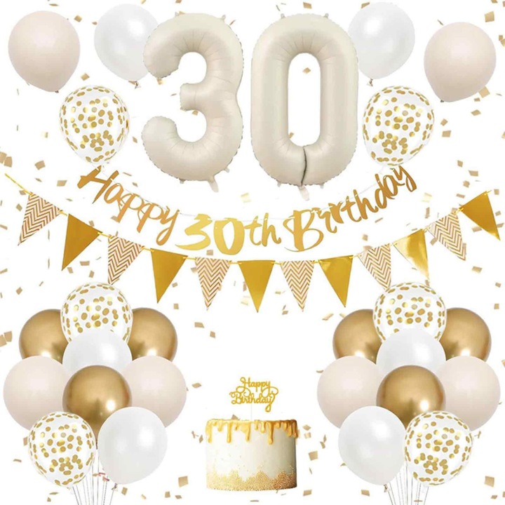 30. születésnapi dekorációs készlet, arany bannerek, arany és fehér lufik, tortadísz, 30 darab