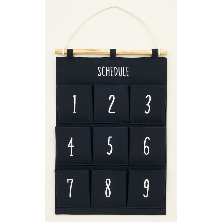 9 zsebes, számozott „SCHEDULE” rendező, VÍZÁLLÓ DENIM SZÖVETBŐL, falra vagy ajtóra – ideális irodába, fürdőszobába, konyhába, hálószobába és gyerekszobába (37,6 × 57 cm), fekete