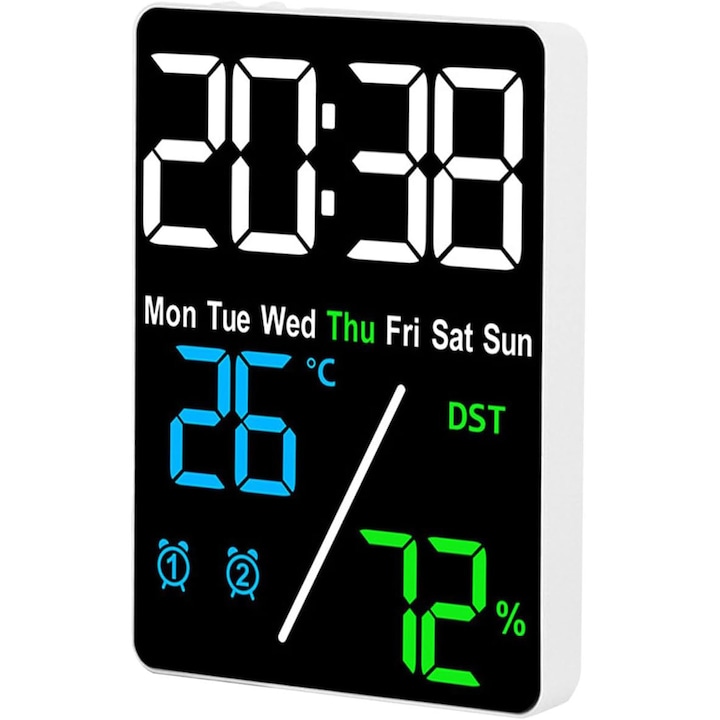 Ceas Digital de Perete cu Led, Ceas Electronic de Masa, cu Baterie, cu Afisarea Orei si A Temperaturii, Alarma, Umiditate, Auto-Dimming, 3 niveluri de lumina reglabile, 9×2.5×12cm, OUYLAF, Albastru/Verde