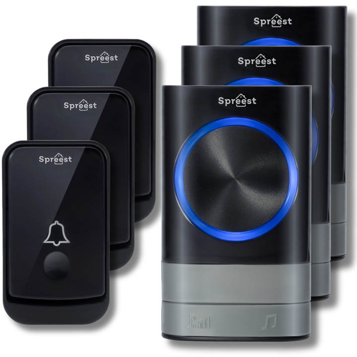 Set 3x Sonerie fara fir/ wireless Spreest® Q189-BB, pentru usa/ poarta, exterior, digitala, electrica, rezistenta la apa IP44, distanta 200m, 52 melodii, volum reglabil 4 trepte, 3 transmitator + 3 receptor, negru