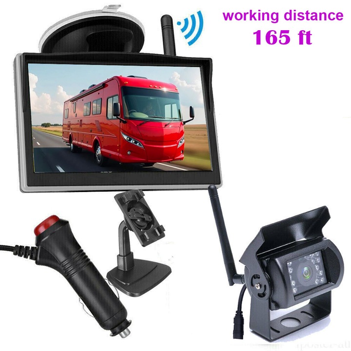 Безжична система за камера за задно виждане, безжична камера за заден ход с 5" LCD монитор, супер мощно нощно виждане, водоустойчива камера за задно виждане на автомобил, за ремарке/камион/каравана