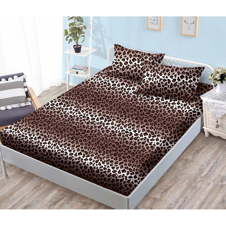 Set Lenjerie de Pat Bumbac Finet, Culoare Maro Inchis, 3 Piese, 180x200cm, cu 2 Fete de Perna