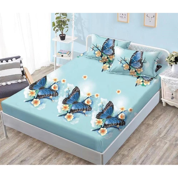 Set Husa de Pat cu Elastic din Finet, pentru Pat Dublu, 3 Piese, 2 Fete de Perna, Albastru cu Fluturi