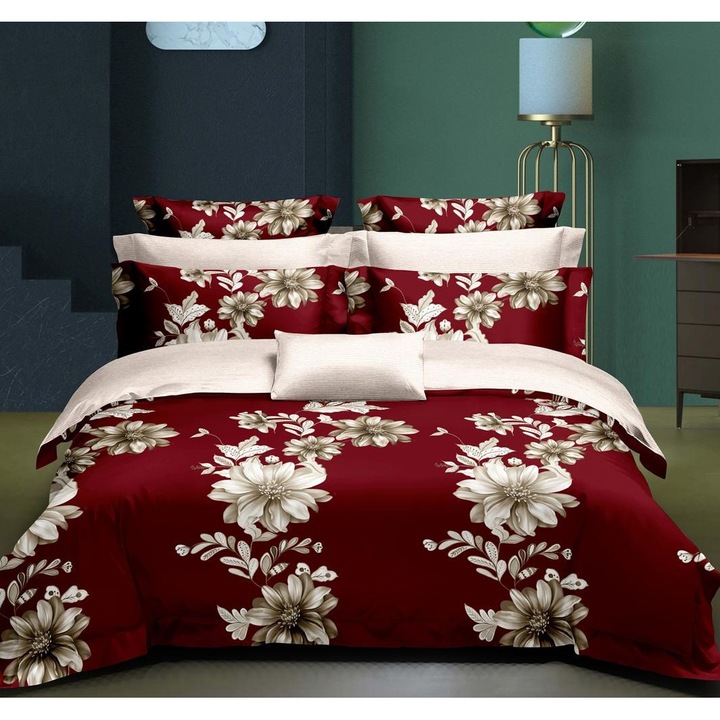 Set Lenjerie de Pat Finet Premium cu Elastic 4 Piese, 180x200cm, cu 2 Fete de Perna, pentru Pat Dublu, Culoare Grena