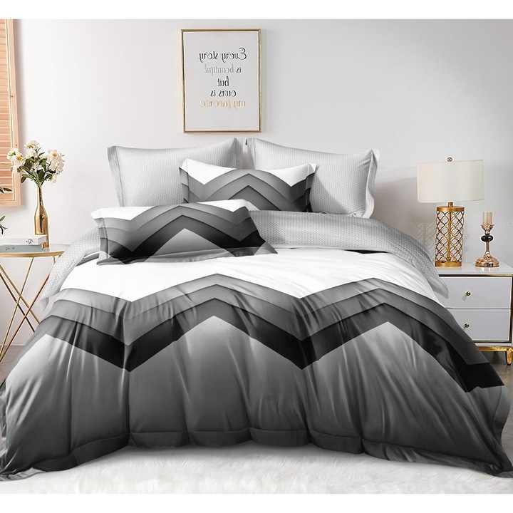 Set Lenjerie de Pat Finet Premium cu Elastic 4 Piese, 180x200cm, cu 2 Fete de Perna, pentru Pat Dublu, Culoare Gri