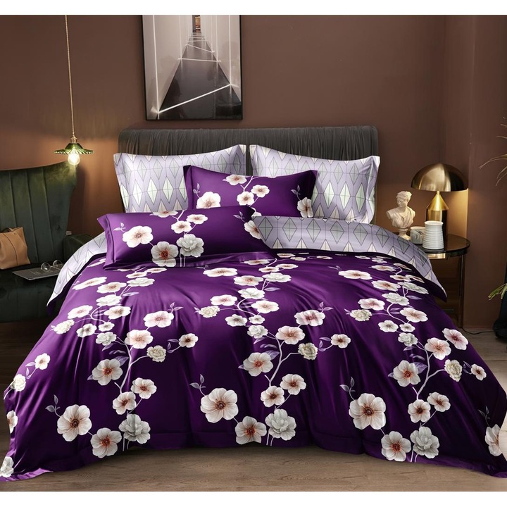 Set Lenjerie de Pat Finet Premium cu Elastic 4 Piese, 180x200cm, cu 2 Fete de Perna, pentru Pat Dublu, Culoare Mov