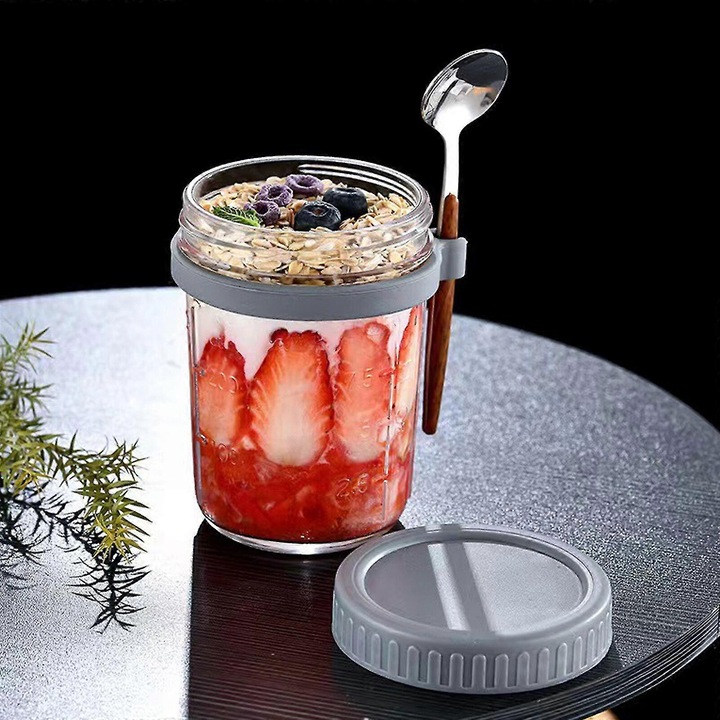 Set borcane pentru ovaz cu capac si linguri, 10oz, sticla, alb, gri, albastru, galben, 12.2x8.7cm