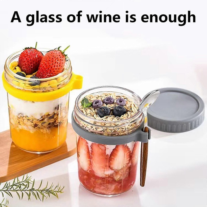 Set borcane pentru ovaz cu capac si linguri, 10 oz, sticla, gri, 12.2x8.7cm