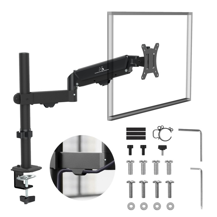 Стойка за монитор Maclean MC-135, газова пружина, 17–32'', макс. 10кг, пълно регулиране, VESA 75x75/100x100, монтаж на бюро, черна