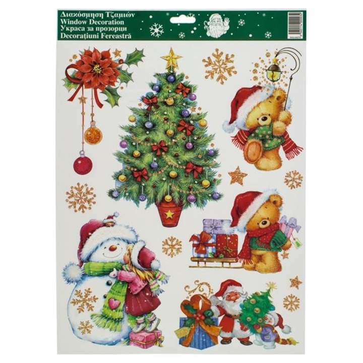 Karácsonyi matrica, ablak dekoráció, hóember, mackó, fenyőfa ablakra, Shopiens®