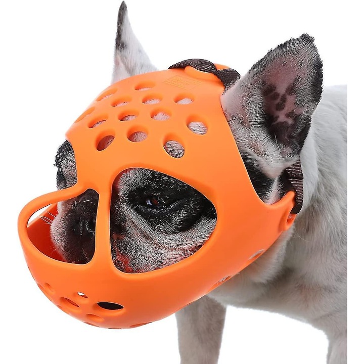 Botnita pentru caini cu bot scurt, silicon moale, ajustabil, respirabil, portocaliu, pentru Bulldog Francez, Shih Tzu si Pug, L