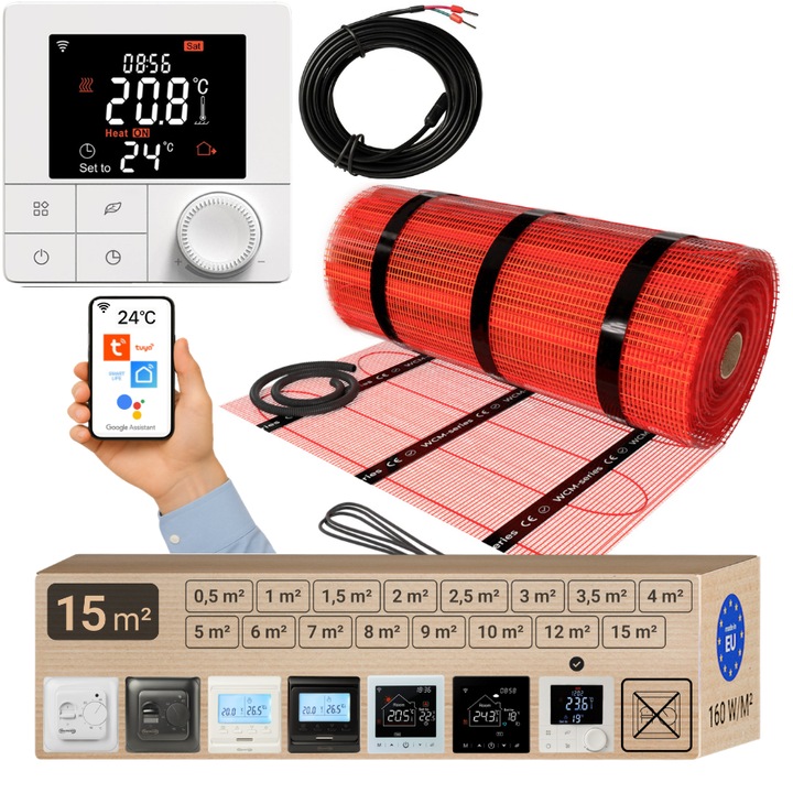 Pachet covor incalzire in pardoseala Warmcoin WCM, 15.0 m (2400W, 230V), termostat digital programabil W40 WIFI