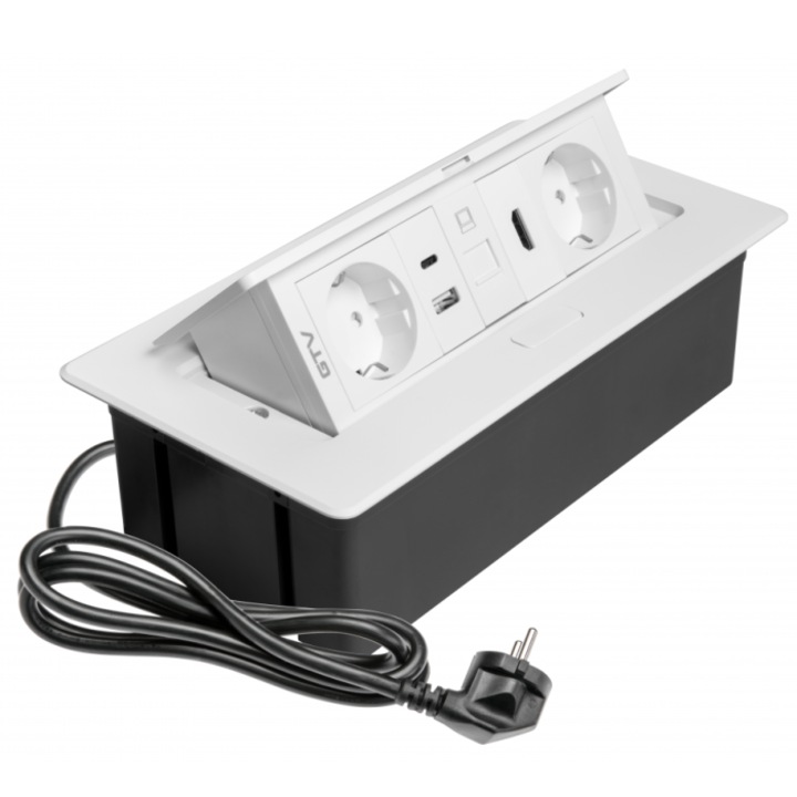 Priza GTV, Multi Soft, 2 x prize, 2 x USB A + C, HDMI, RJ45, Alb, 240x120x73mm