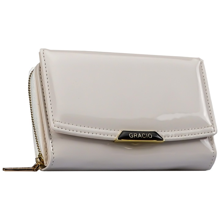 Portofel dama din piele ecologica elegant cu fermoar si capsa, protectie RFID, model Gracio, Ecru, 15 x 9.5 x 3 cm
