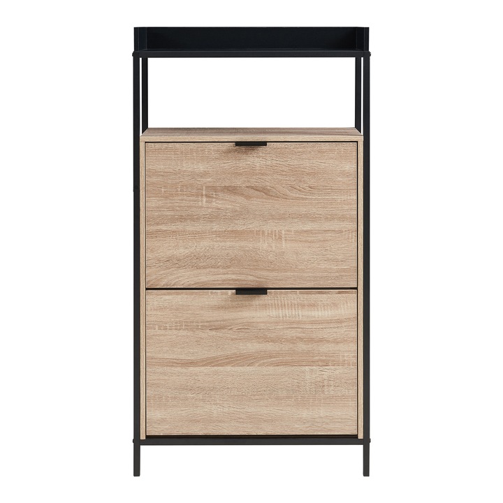 [en.casa] Cipősszekrény Belana 115, 5 x 60 x 23, 5 cm fém + forgácslap fekete tölgyfa hatású 2 billenőajtóval